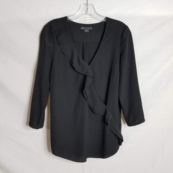 Armani Exchange Black Ruffle Blouse Crossover Sz S - Picture 1 of 6
